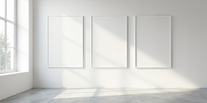 Sunlit minimalist interior with three blank vertical frames ready for artwork display