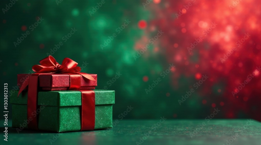 Poster stack of emerald and crimson presents with festive red ribbon bow on dark green surface