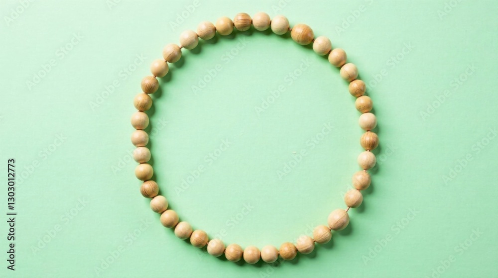 Poster A Circular Arrangement of Natural Wooden Beads on a Pale Green Background, Creating a Simple and Elegant Frame for Text or Design Elements