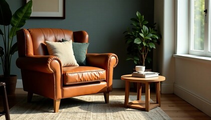 Stylish leather armchair with decorative pillows and wooden coffee table, comfortable, pillows