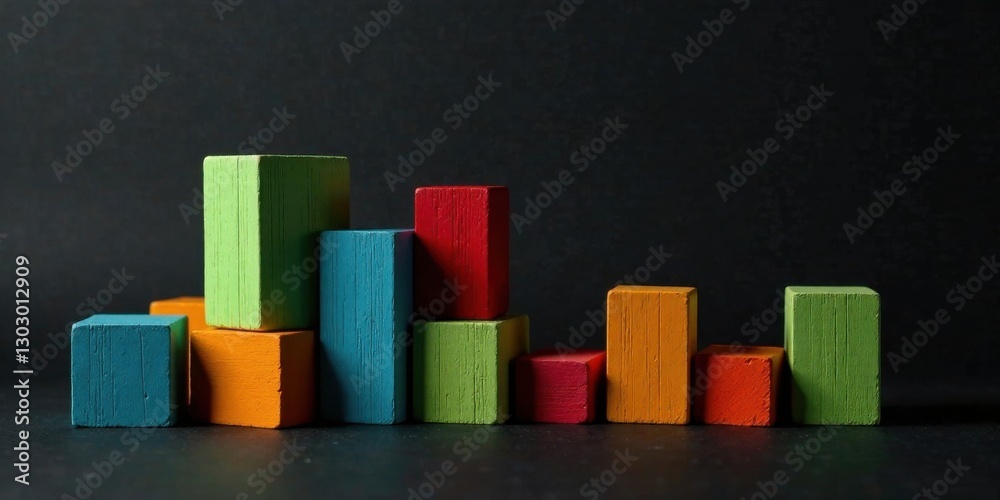 Poster colorful wooden blocks arranged in an abstract formation on a dark surface