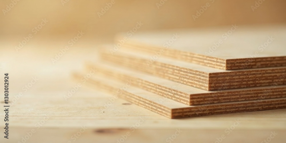 Poster close-up view of stacked wood sheets, showing detailed grain and texture, ideal for construction and