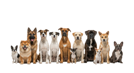 Diverse group of dogs showcasing unique characteristics and expressions against a white background