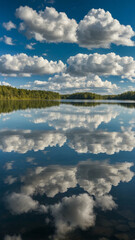 Obraz premium Cloud reflections on a glassy lake surface. 