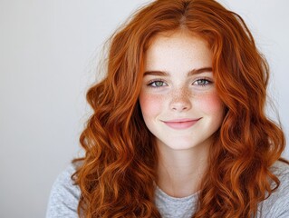 Naklejka premium Young girl with curly red hair smiling warmly against a soft background