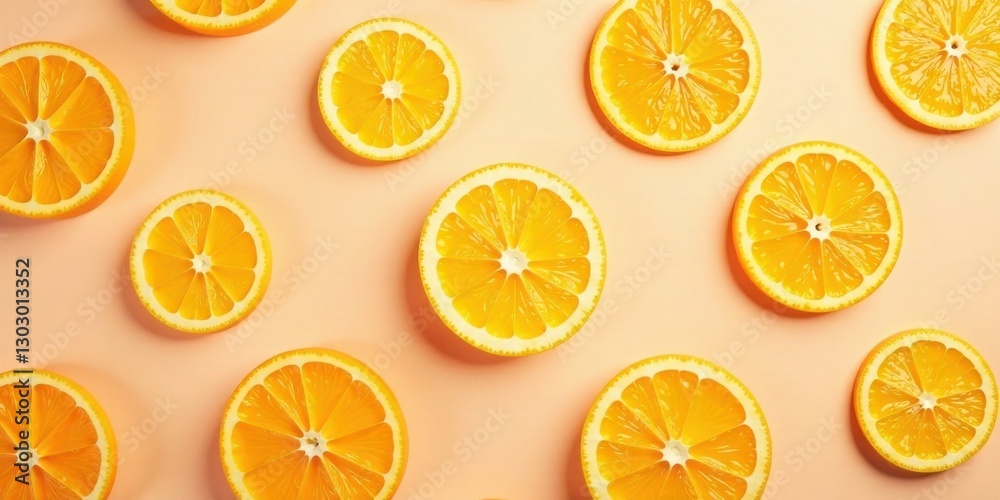 Poster Vibrant citrus fruit slices arranged in a visually appealing pattern on a soft peach background, showcasing the juicy segments and fresh appearance of the fruit.