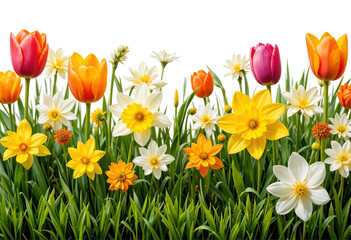 "Vibrant Spring Flowers – Colorful Tulips, Daffodils, and Narcissus in a Fresh Garden Arrangement on White Background"