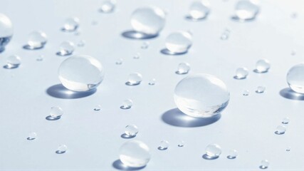 Macro Close-up of Transparent Water Droplets on a Smooth White Surface, Capturing Purity and Freshness