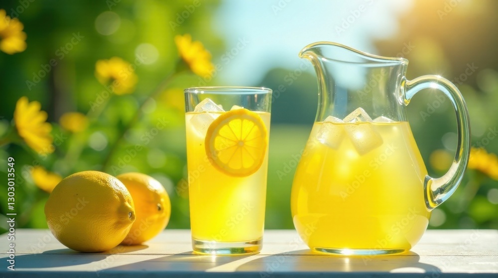 Poster Refreshing Homemade Lemonade on a Sunny Day with Ice and Lemon Slices in a Glass and Pitcher