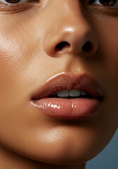 Naklejka premium Glossy Lips and Glowing Skin Close-Up | Natural Makeup Micro Portrait
