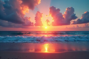 Naklejka premium Sun setting over calm ocean beach with colorful sky, water, seascape, scenic