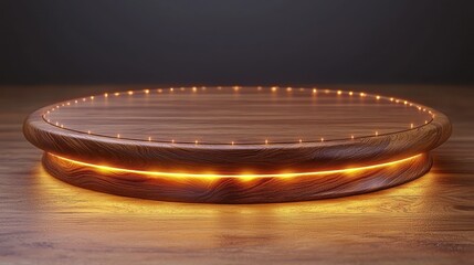 Obraz premium Illuminated Wooden Circular Display Platform on Wood Background