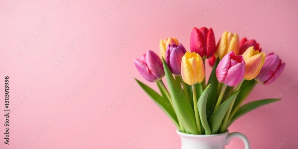 Poster a vibrant bouquet of multicolored tulips arranged in a simple white vase against a soft pink backdro