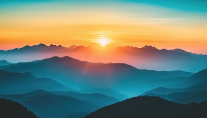 Fototapeta premium Stunning Panoramic Sunset View Of Mountain Range With Vibrant Blue And Orange Sky In The Evening. Breathtaking Scenery At Dusk.