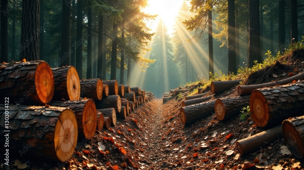 Poster sunlit path through a forest of fallen logs a tranquil scene of nature's renewal and the cycle of li