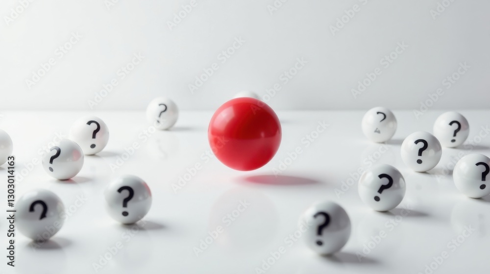 Poster a single red sphere amidst numerous white spheres marked with question marks representing a unique s