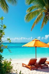 Obraz premium Sunlit beach with colorful parasols and lounge chairs overlooking turquoise ocean, summer, relaxation