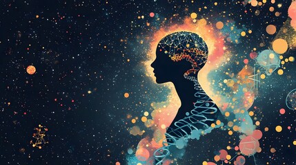 A mystical bohemian flat illustration for National DNA Day, portraying a silhouette of a human figure made of swirling DNA strands, floating among celestial elements and geometric patterns