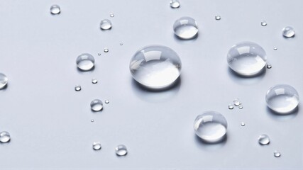 白い背景に輝く光を乱反射した透明な水滴が浮かぶ、清潔で爽やかなテクスチャー