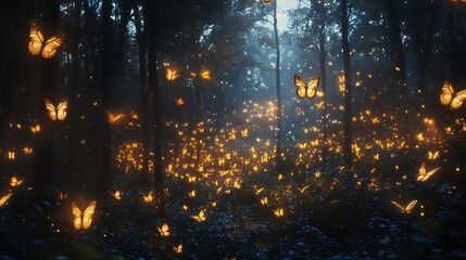 Naklejka premium Enchanted Forest: Glowing Butterflies in a Mystical Night