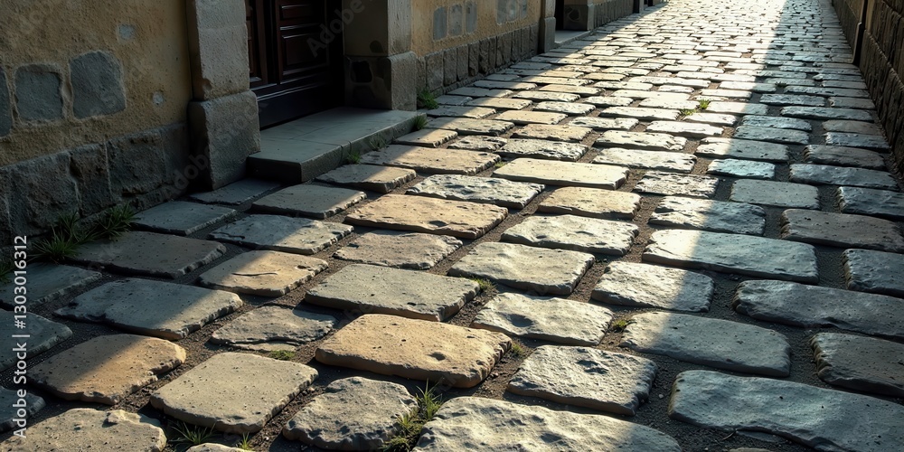 Poster sun-dappled stone path leading to a mysterious doorway, revealing a textured surface of irregularly 