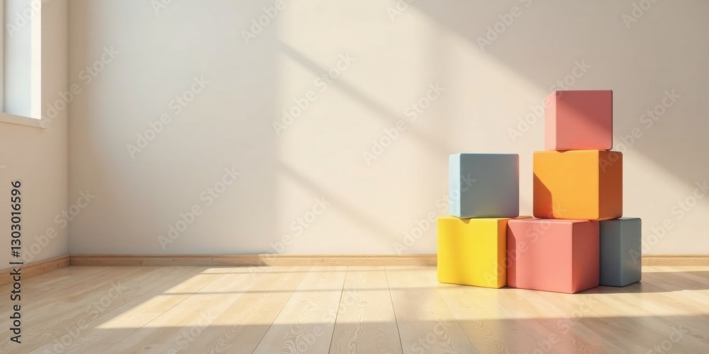 Aufkleber brightly colored cubic blocks arranged in a minimalist interior setting against a sunlit wall
