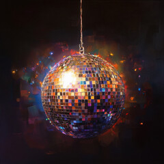 Obraz premium an image of a glittering disco ball hanging against the background of a dark nightclub. High quality photo