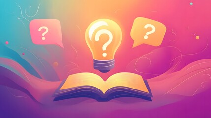 Minimalist flat illustration celebrating Trivia Day, depicting a glowing light bulb over an open book, with speech bubbles containing question marks, set against a smooth background