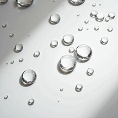 Clear Water Drops with Diffused Reflection of Shining Light on a White Background, Creating a Fresh and Transparent Texture