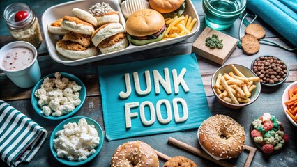 Fototapeta premium A colorful spread of junk food including burgers, fries, and snacks on a rustic table.
