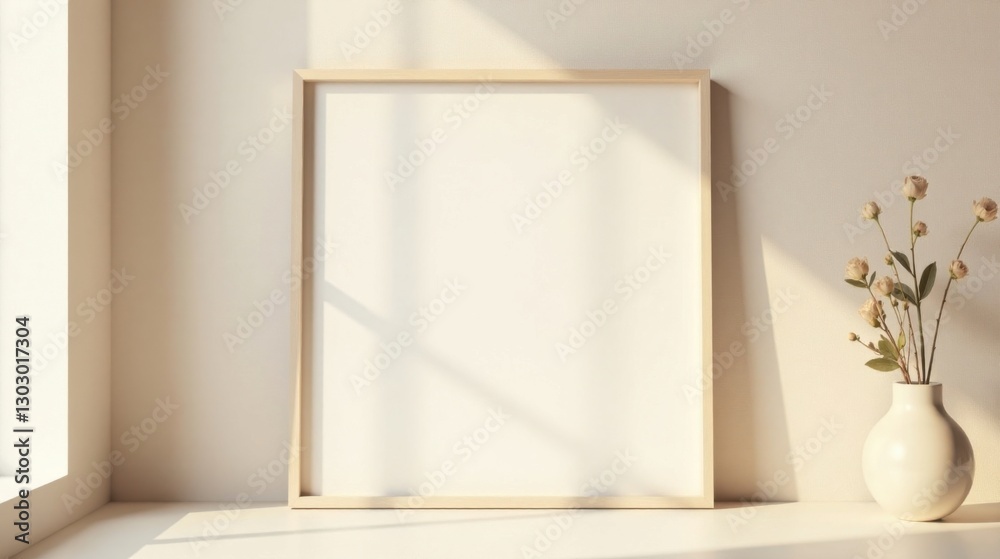 Aufkleber A Minimalist Mockup Featuring a Blank Frame and Delicate Flowers in a Vase, Bathed in Soft Sunlight on a Neutral Surface