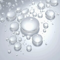 Clear Water Drops with Diffused Reflection of Shining Light on a White Background, Creating a Fresh and Transparent Texture