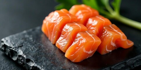 Tender salmon sashimi arranged in a decorative pattern on a black slate board, cuisine, salmon