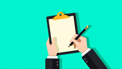 hands in business attire writing on a clipboard