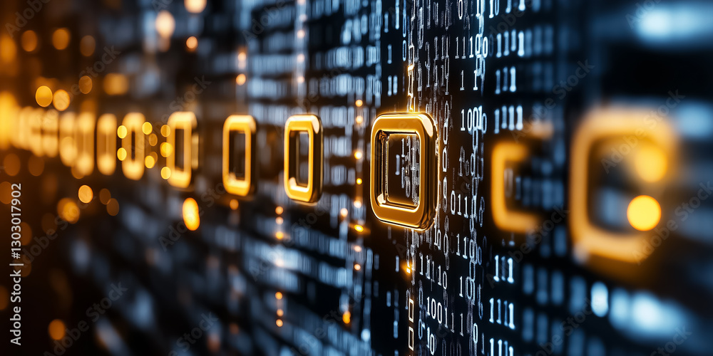 Fototapete A captivating digital matrix displays a cascade of glowing symbols against a backdrop of binary code, creating a mesmerizing, holographic atmosphere filled with energy and movement