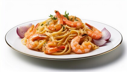 plate of linguini shrimps fresh oignons white background