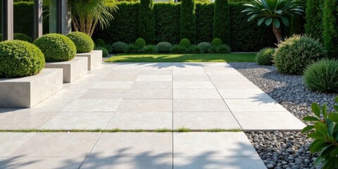 Fototapeta premium Serene outdoor patio design featuring light-colored stone paving, neatly trimmed shrubs, and a meticulously arranged gravel border