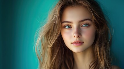 Cheerful long-haired girl exudes joy, vibrant energy radiates in a creative moment.