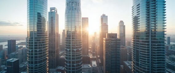 Obraz premium Modern city skyline from high-rise view, glass skyscrapers reflecting warm golden sunlight, urban architecture in cool gray and blue tones, deep perspective with layered buildings, vibrant