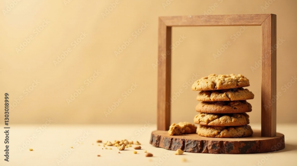 Poster A stack of freshly baked oatmeal cookies displayed on a rustic wooden stand, with scattered cookie crumbs and nuts, creates a tempting and inviting image.