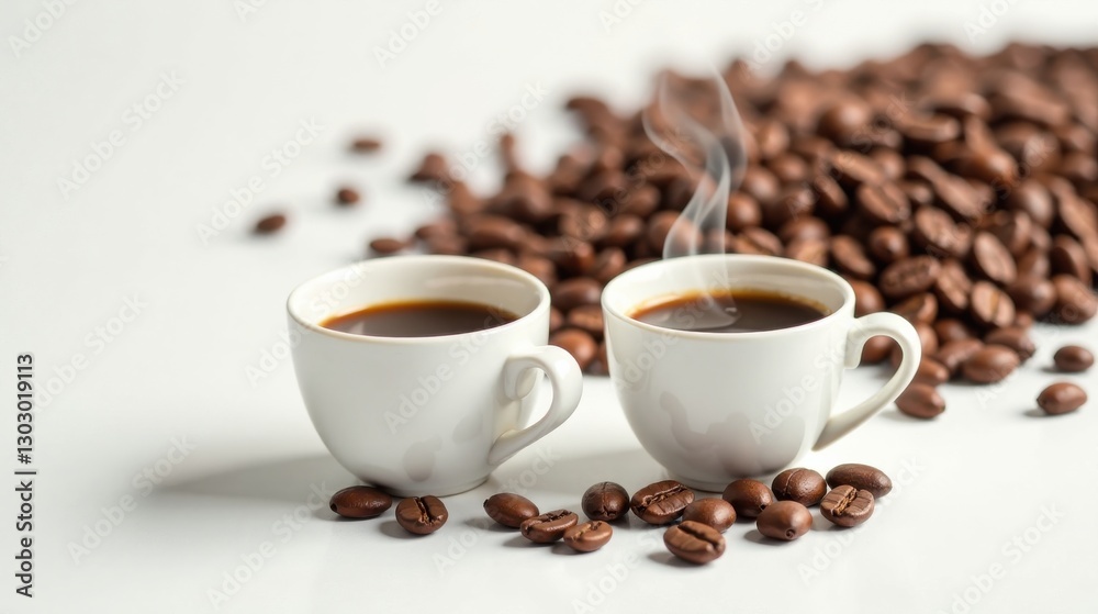 Poster two steaming cups of freshly brewed coffee alongside a scattering of roasted coffee beans on a prist