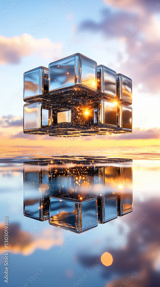 Poster a mesmerizing fractal composition captures a giant cube formed from countless smaller cubes, all sus