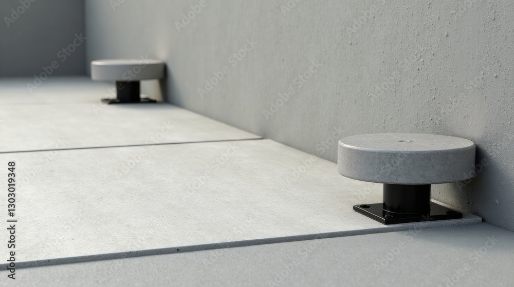 Poster modern minimalist architectural design featuring concrete circular elements on a seamless light grey