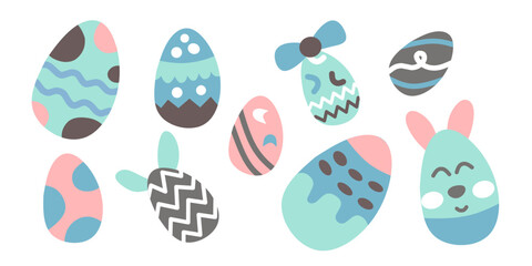  Easter eggs drawing clipart set. Happy easter egg flat clip art collection in blue colorful. Multicolored paint art for traditional hunting celebration. Vector illustration flat oval shape elements.