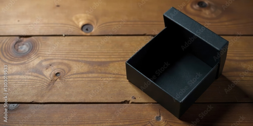 Poster an empty dark-colored gift box rests on a rustic wooden surface, ready to be filled with a thoughtfu