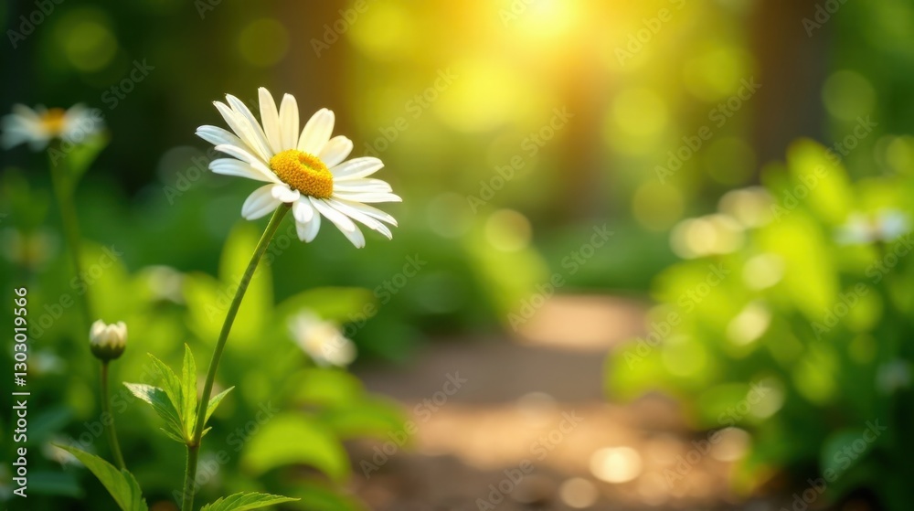 Poster a single daisy basks in the warm sunlight filtering through a lush green meadow, its petals gleaming