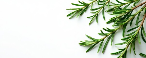Fototapeta premium Top view of falling rosemary leaves on white background, herb, leaves