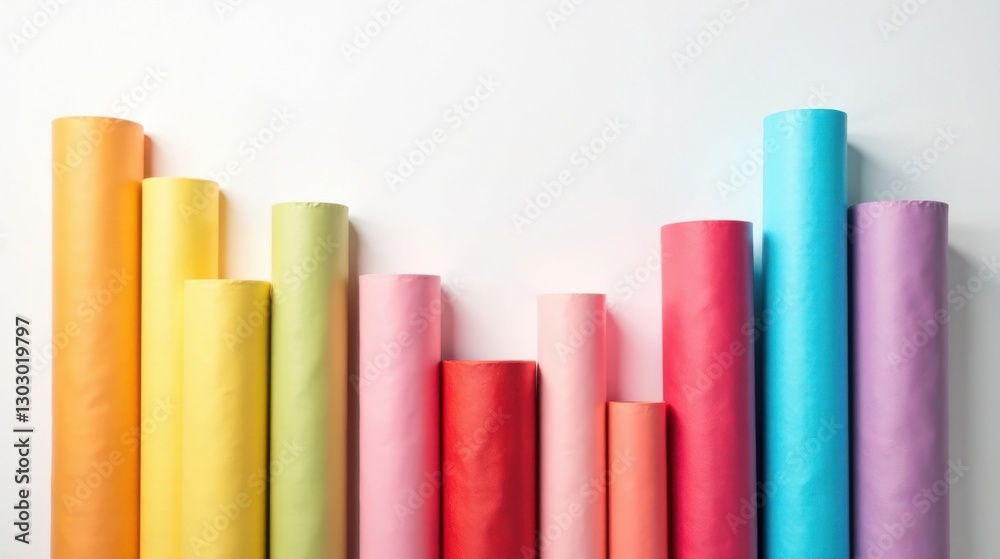 Poster A vibrant collection of colorful paper rolls arranged in a visually appealing pattern, showcasing a spectrum of hues against a clean white backdrop.