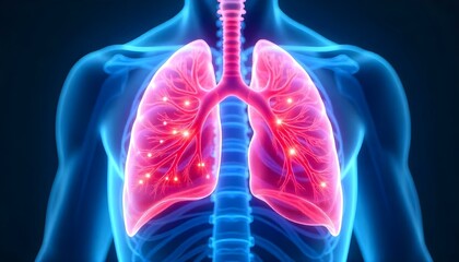 Una ilustración del sistema respiratorio humano, que incluye los pulmones, la caja torácica y la parte superior del torso, representada en un estilo de arte digital centrado en la precisión anatómica 