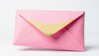 Pink envelope with gold foil flap, isolated on white background, luxury, chic, stationery